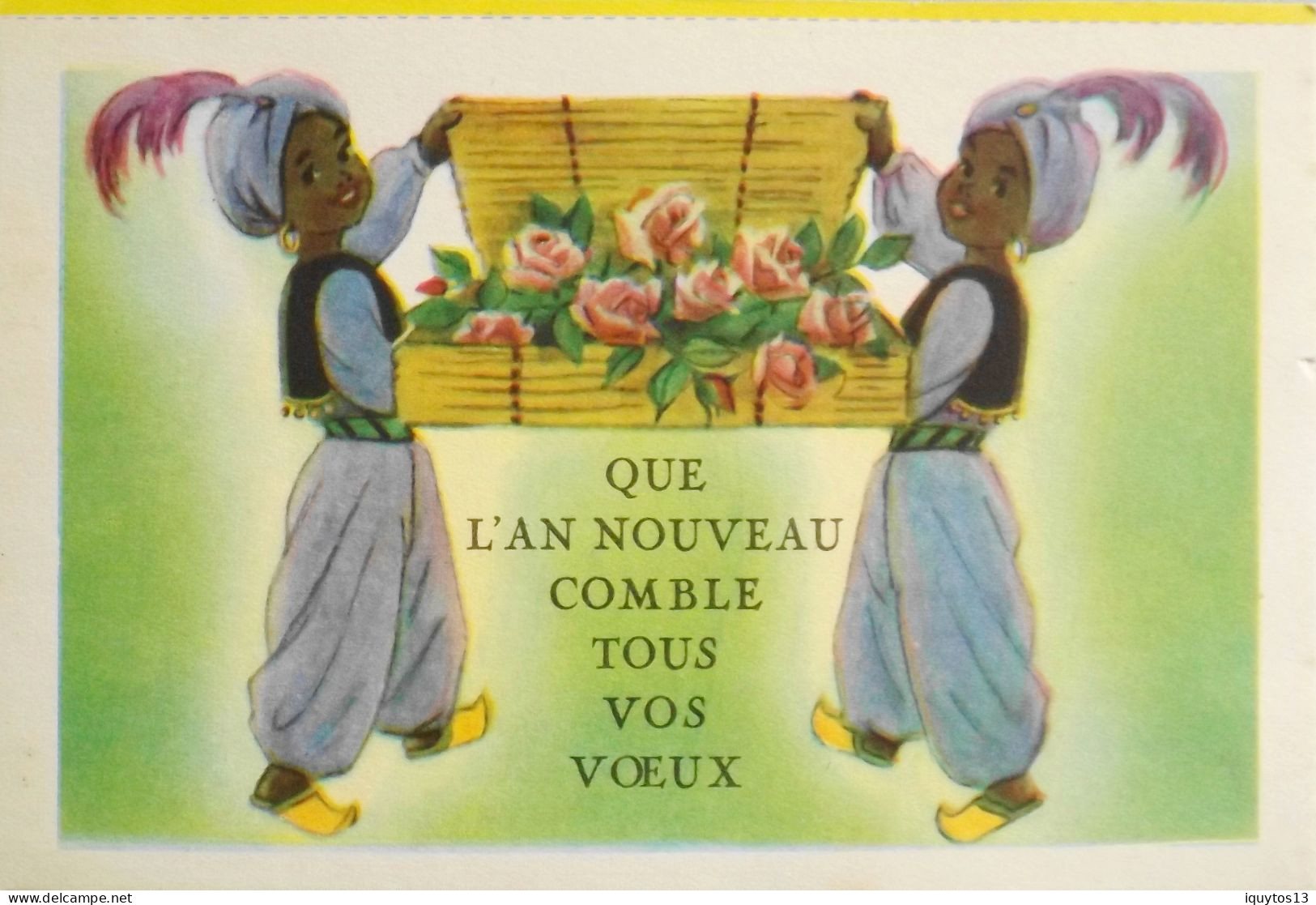 BUVARD BISCOTTES LUC - CP Découpée "BONNE ANNEE" ENFANTS Offrant Des Fleurs Pour La Nouvelle Année. Années 50 - TBE - Biscottes