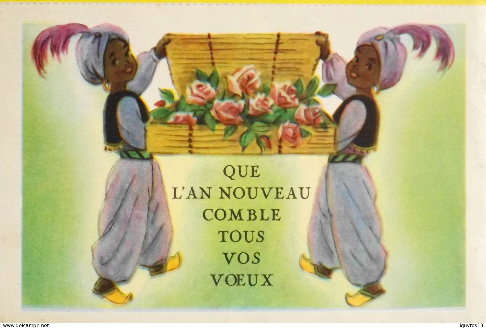 BUVARD BISCOTTES LUC - CP Découpée "BONNE ANNEE" ENFANTS Offrant Des Fleurs Pour La Nouvelle Année. Années 50 - TBE - Biscottes