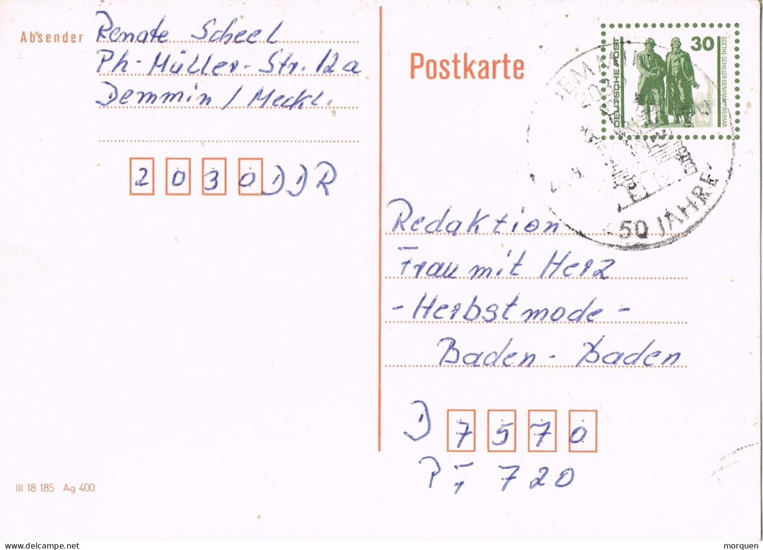 53707. Entero Postal DEMMIN (meckl) Alemania Federal 2013 A Baden - Cartes Postales - Oblitérées