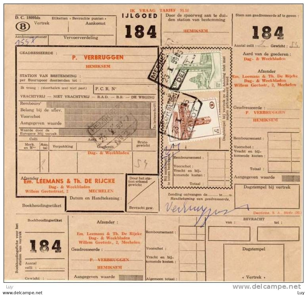 Spoorwegdoc - CF Rectangle A Pans Coupes; MECHELEN  - 1959,  Eisenbahn Paketmarke Belgien, - Other & Unclassified