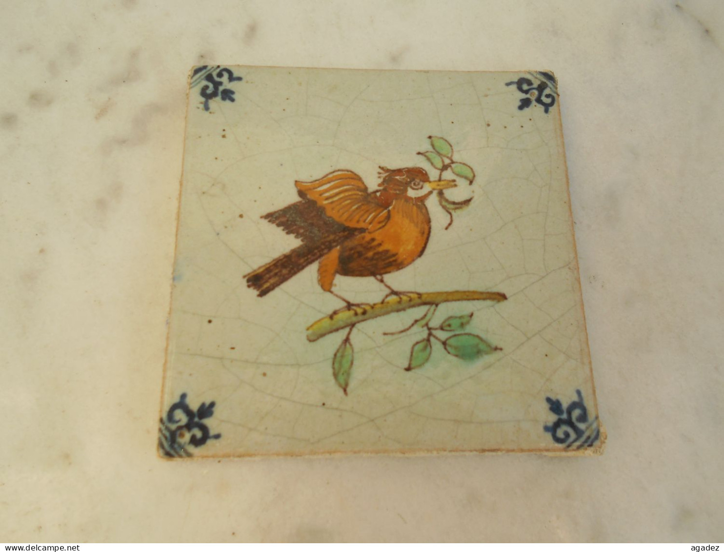 Rare Ancien Carrelage Faïence  1920 Oiseau Ateliers Tichelaar à Makkum Frise Pays Bas - Andere & Zonder Classificatie