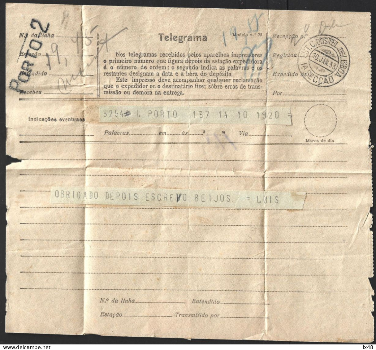 Telegram Marked 'Porto 2' And Obliteration Of Central Telegraph Station Of Lisbon 1933.Telegrama Com Marca 'Porto 2' E O - Brieven En Documenten