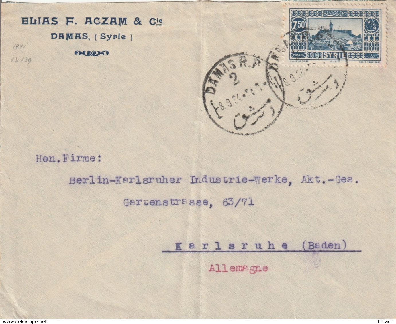 Syrie Lettre Damas Pour L'Allemagne 1934 - Covers & Documents