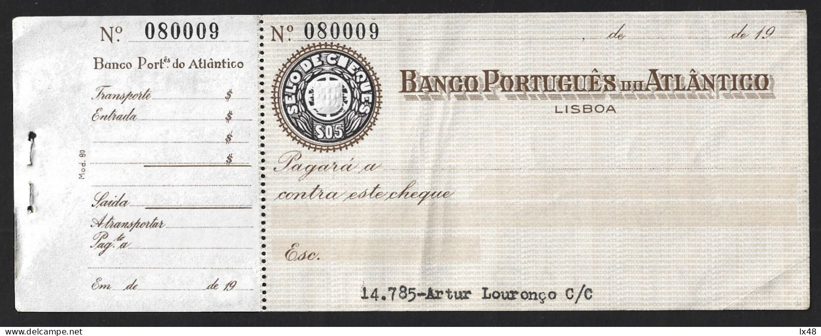 BPA Check. Banco Português Do Atlântico, Lisbon. $05 Check Stamp. BPA-controle. Banco Português Do Atlântico, Lissabon. - Cheques & Traveler's Cheques