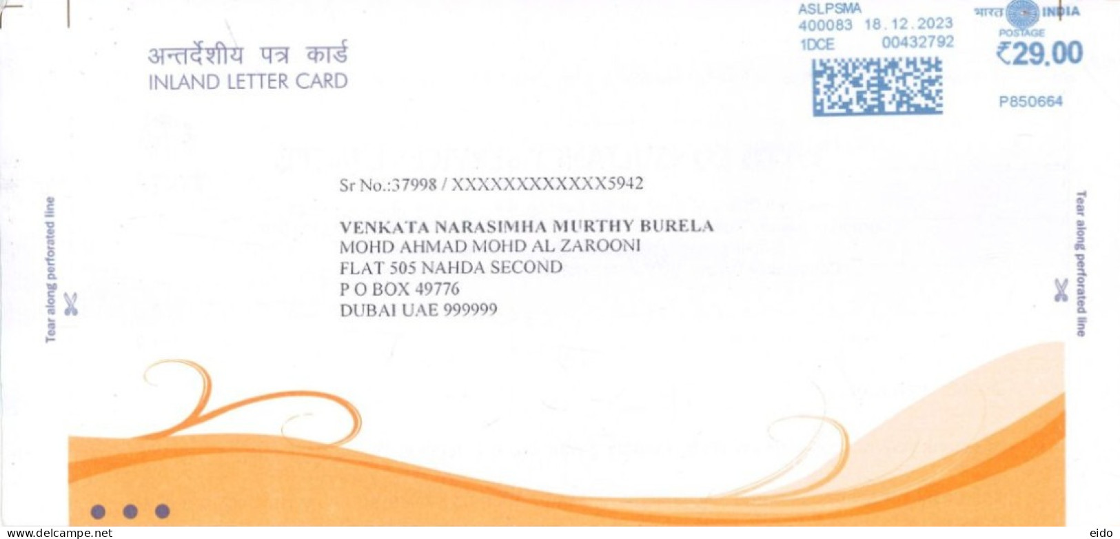 INDIA - 2023 - POSTAL FRANKING MACHINE COVER TO DUBAI.. - Cartas & Documentos