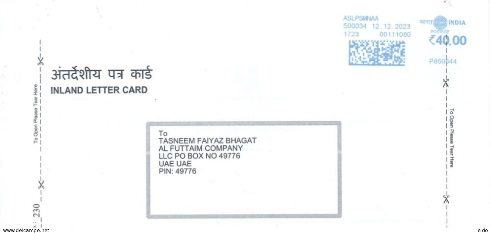 INDIA - 2023 - POSTAL FRANKING MACHINE COVER TO DUBAI.. - Covers & Documents