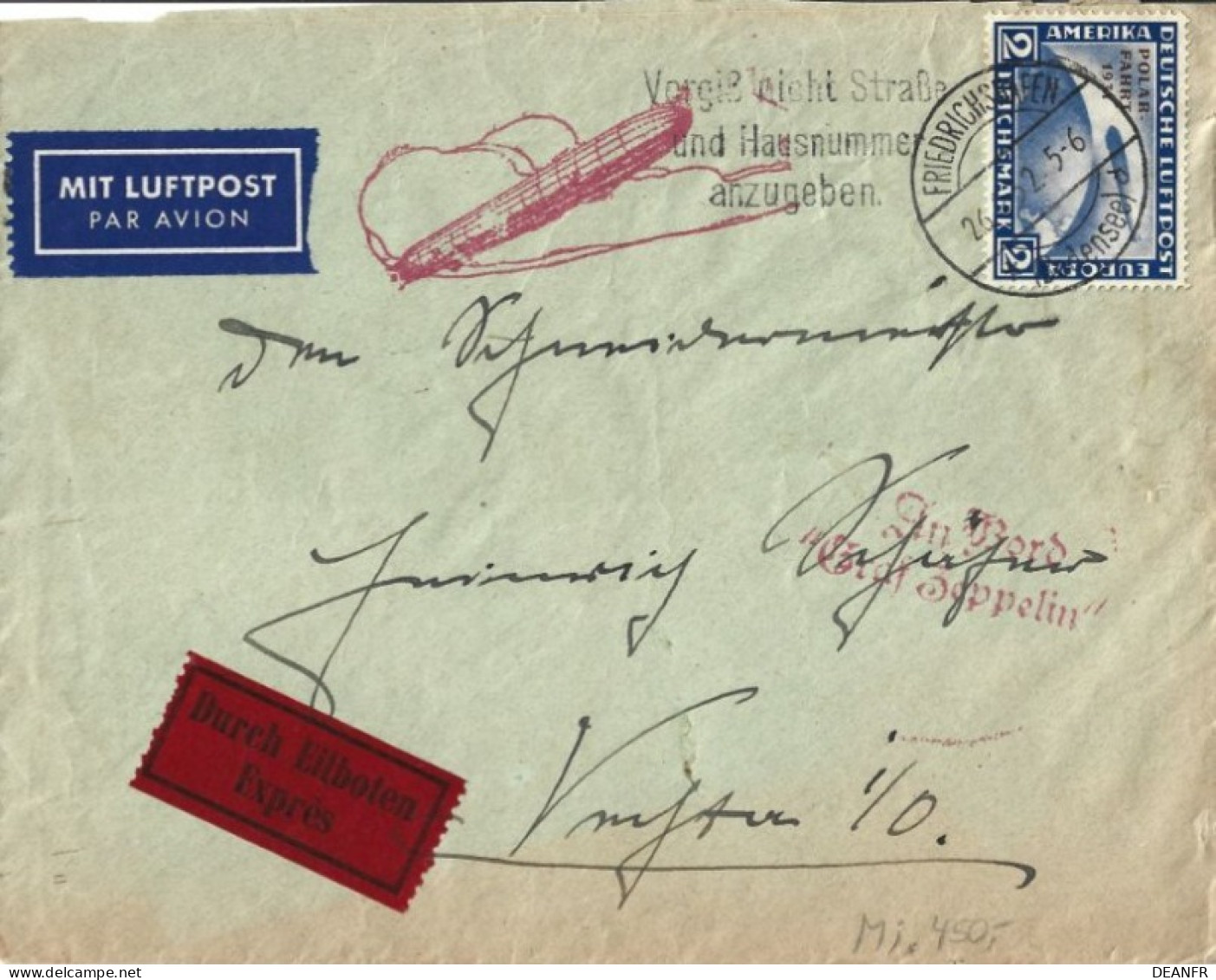 Lettre Par Zeppelin -étiquette Par Avion Et Lettre Par Express : Timbre Deutsche Luftpost De 2 Reichmark " Polar Fahrt " - Airmail & Zeppelin