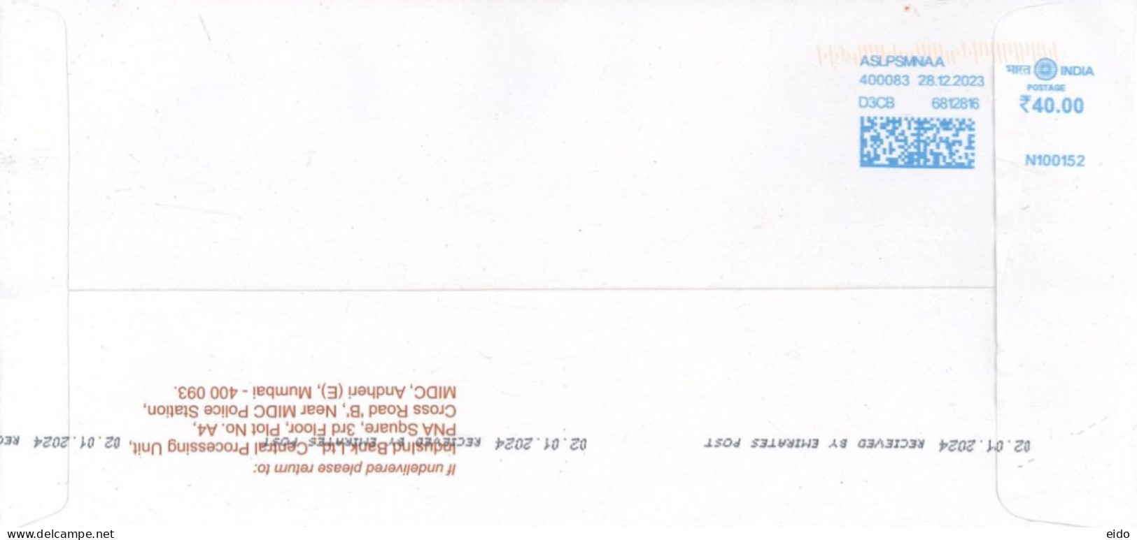 INDIA - 2023 - POSTAL FRANKING MACHINE COVER TO DUBAI.. - Cartas & Documentos