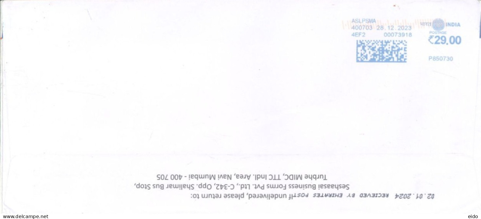 INDIA - 2023 - POSTAL FRANKING MACHINE COVER TO DUBAI.. - Lettres & Documents