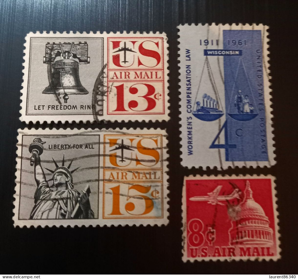 États-Unis 1961 Workmen's Compensation, 1961 Liberty Bell Noir/rouge, 15c Statue De La Liberté & 1962  Avion & Capitol - Used Stamps