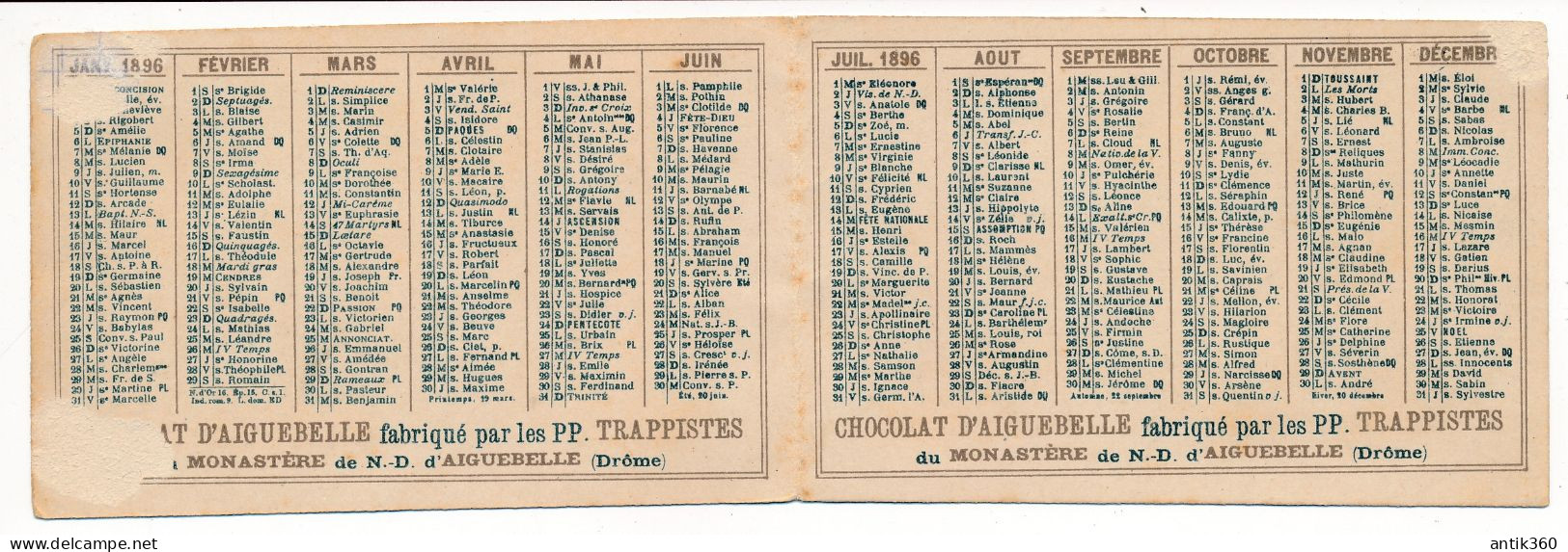 Ancien Chromo Calendrier 1896 Chocolat D'Aiguebelle - Aiguebelle