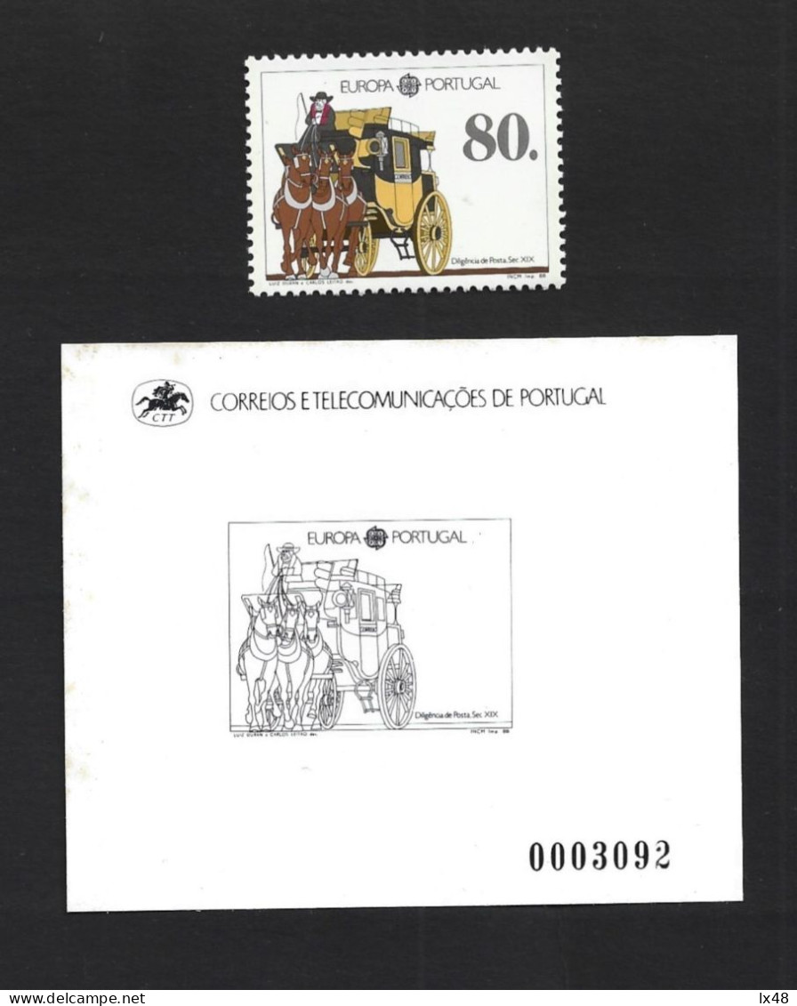 Black Proof Of Stamp 80$00 Europe 1988 With 'Diligência De Posta 19th Century'. 4-horse Postal Carriage. Small Stain. - 1988