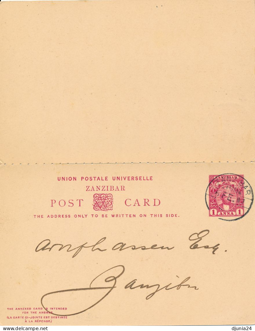 BF0186 / ZANZIBAR / SANSIBAR  -  6 FE 1887  ,  Reply POST CARD  -  Ascher P8 - Zanzibar (...-1963)