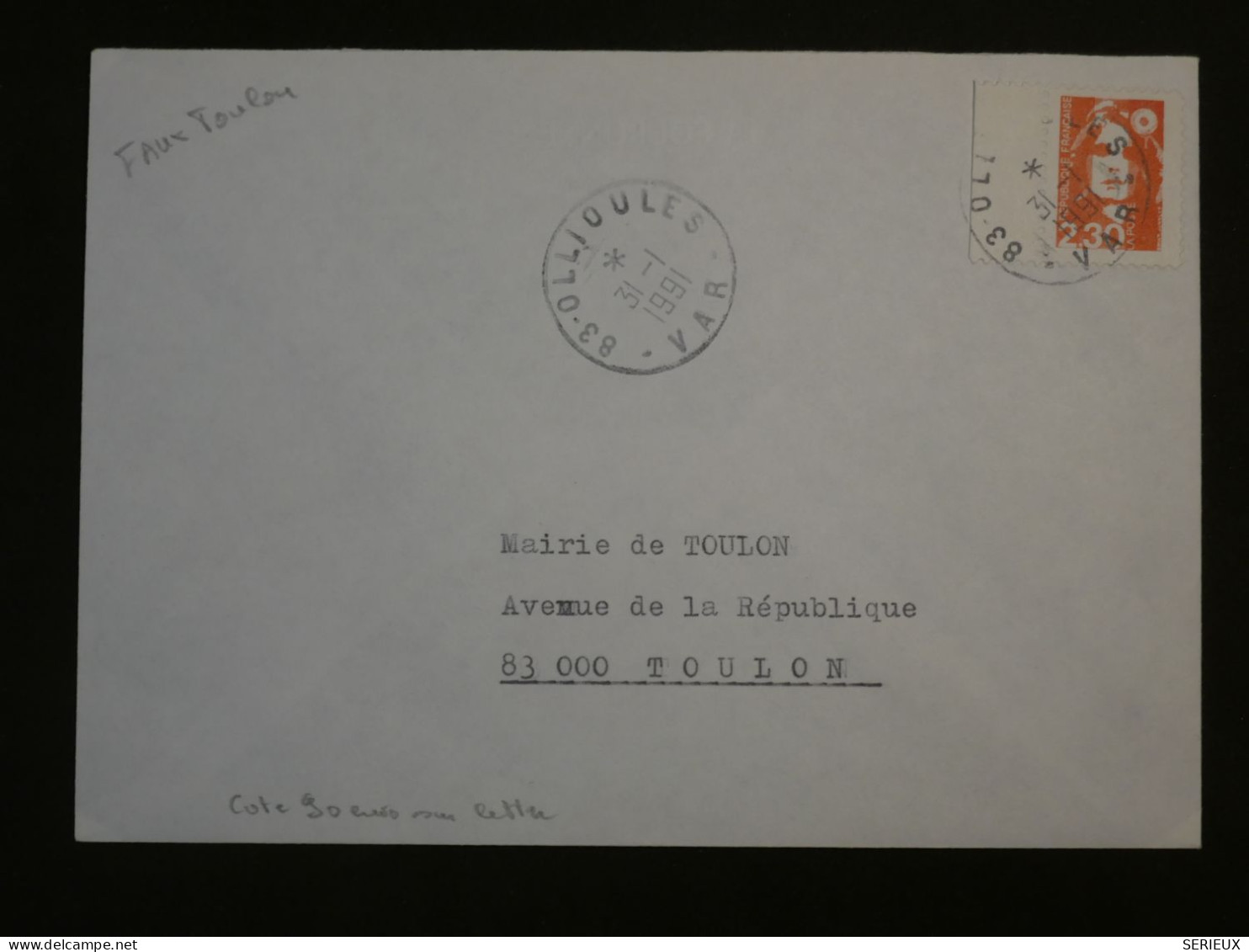 DH9 FRANCE BELLE   LETTRE  RARE MARIANNE FAUX DE TOULON +BORD 31 1 1991 OLLIOULES POUR TOULON   ++AFF. INTERESSANT++ - Covers & Documents