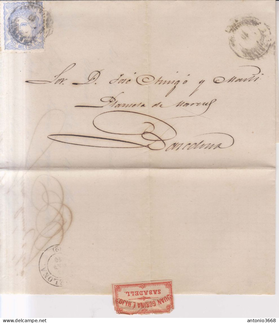 Año 1870 Edifil 107 50m Sellos Efigie Carta  Matasellos Sabadell Barcelona Membrete Juan Gorina E Hijo - Lettres & Documents