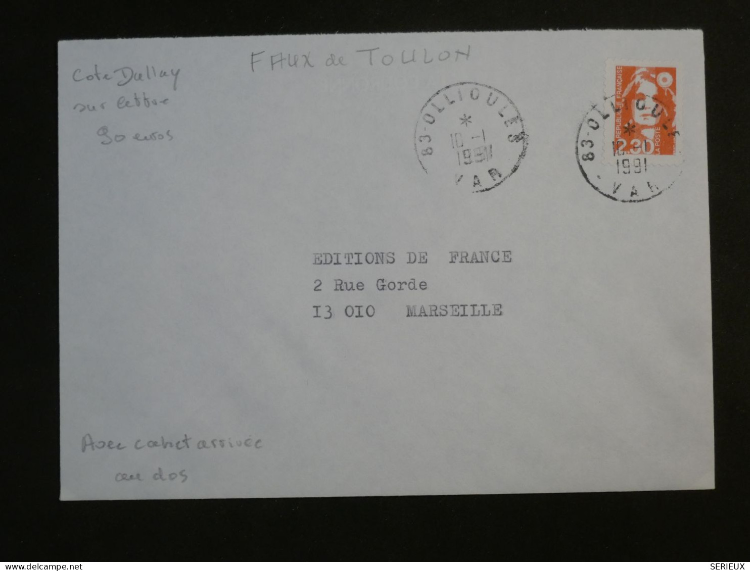 DH9 FRANCE BELLE   LETTRE  RARE MARIANNE FAUX DE TOULON +1991 OLLIOULES A MARSEILLE    ++CACHET D ARRIVEE++ - Covers & Documents