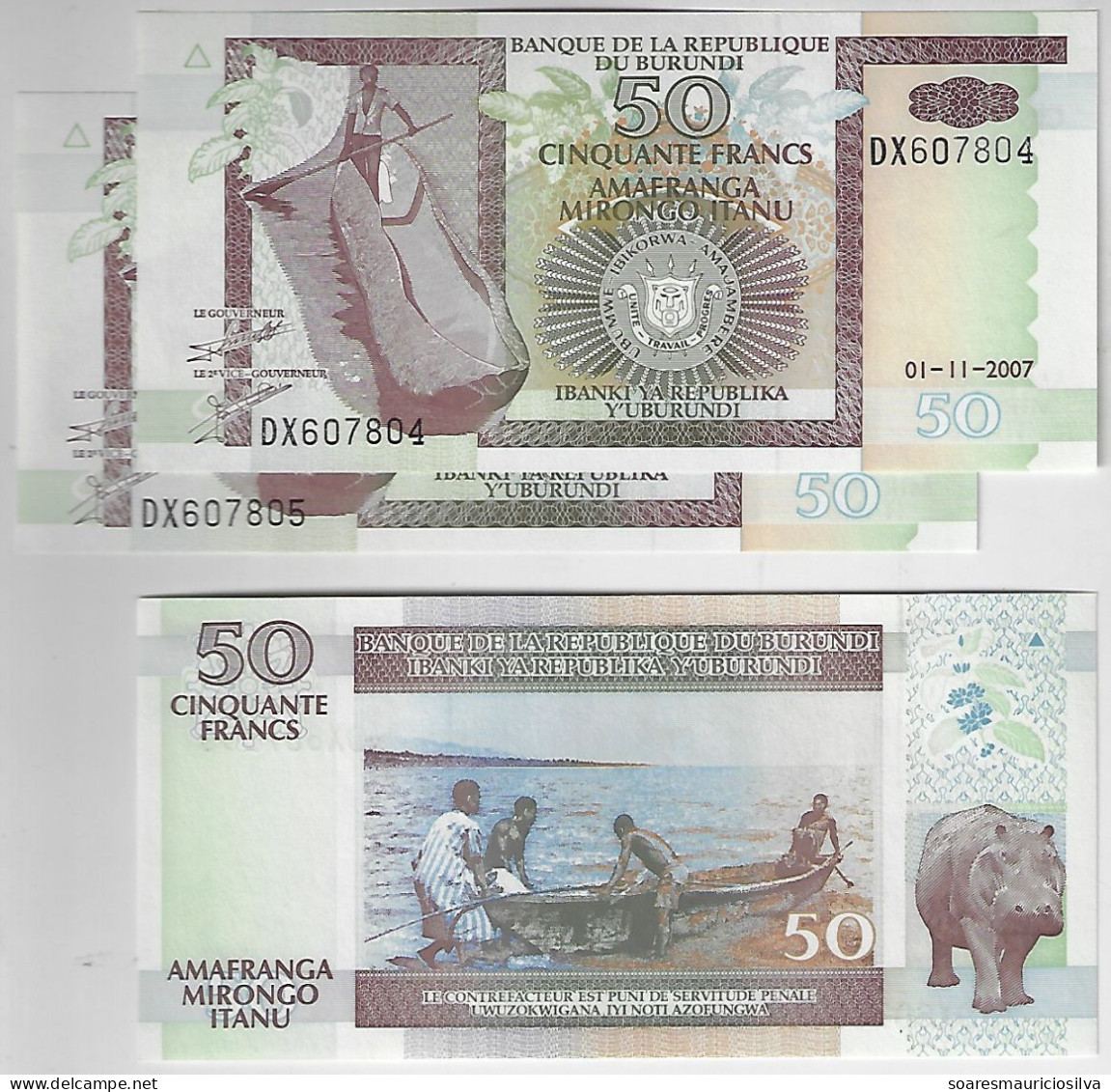 3x Banknote Burundi 50 Francs 2007 Pick-36 Boat And Hippo Uncirculated - Burundi