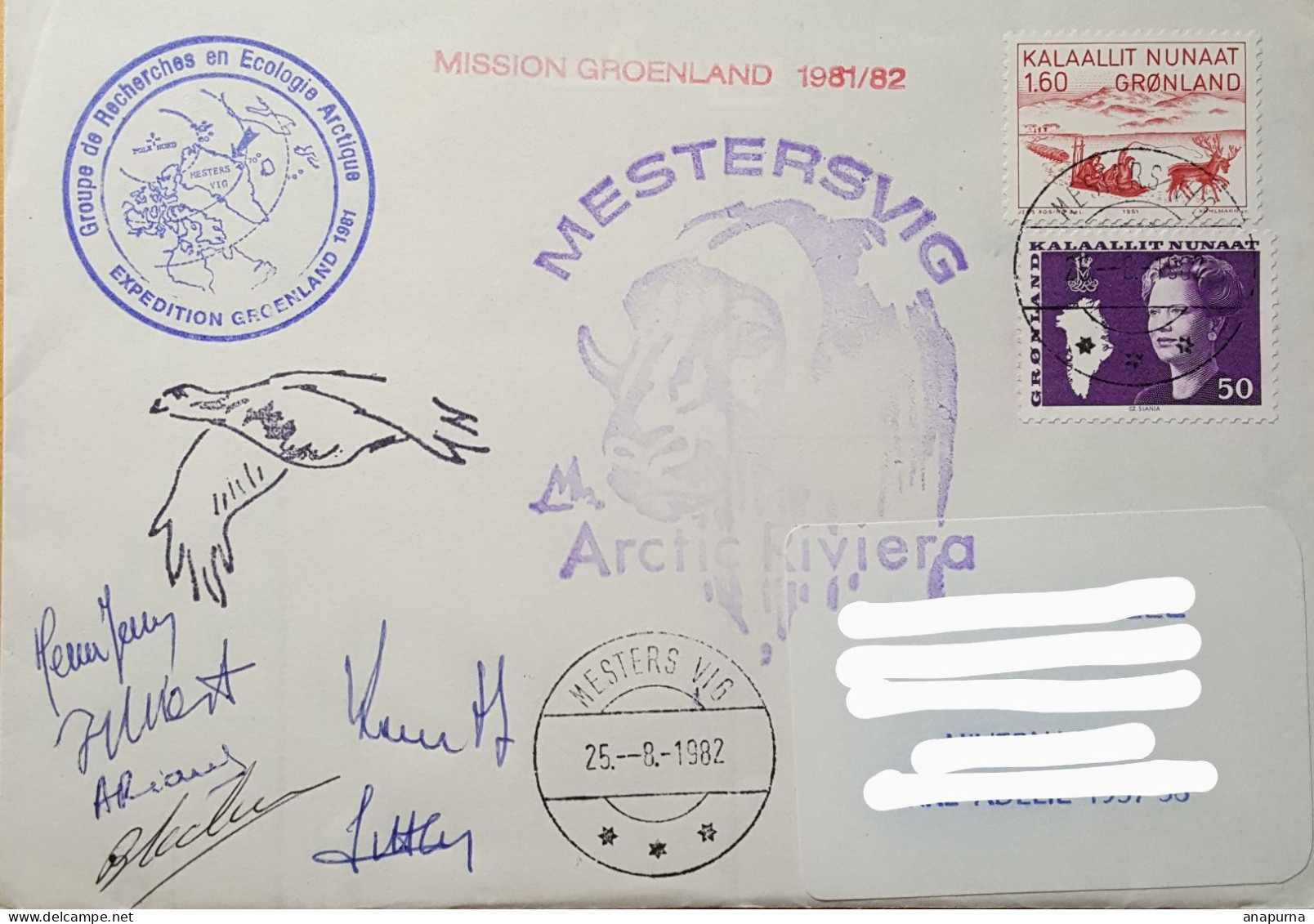 Pli Groenland. Expédition Du Groupe Recherche Ecologie Arctique 81/82. Mestersvig Arctic Riviera. 6 Signatures. - Onderzoeksprogramma's