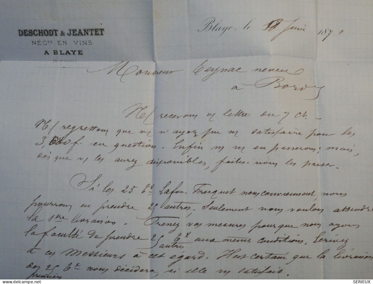 DH9 FRANCE BELLE LETTRE  1871 MAISON VIN CHATEAU BLAYE A BORDEAUX + CERES BORDEAUX    +MARGES+ AFF. INTERESSANT++ - 1870 Emission De Bordeaux