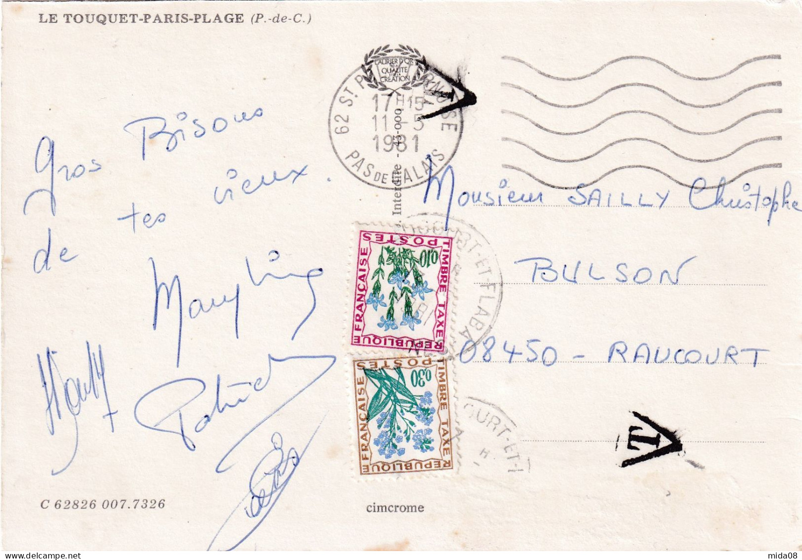 Sur Carte Postale De Le Touquet PARIS Plage .timbres Taxe à 0,30 Et O,10 . Taxée à RAUCOURT ET FLABA En 1981 - 1960-.... Usati