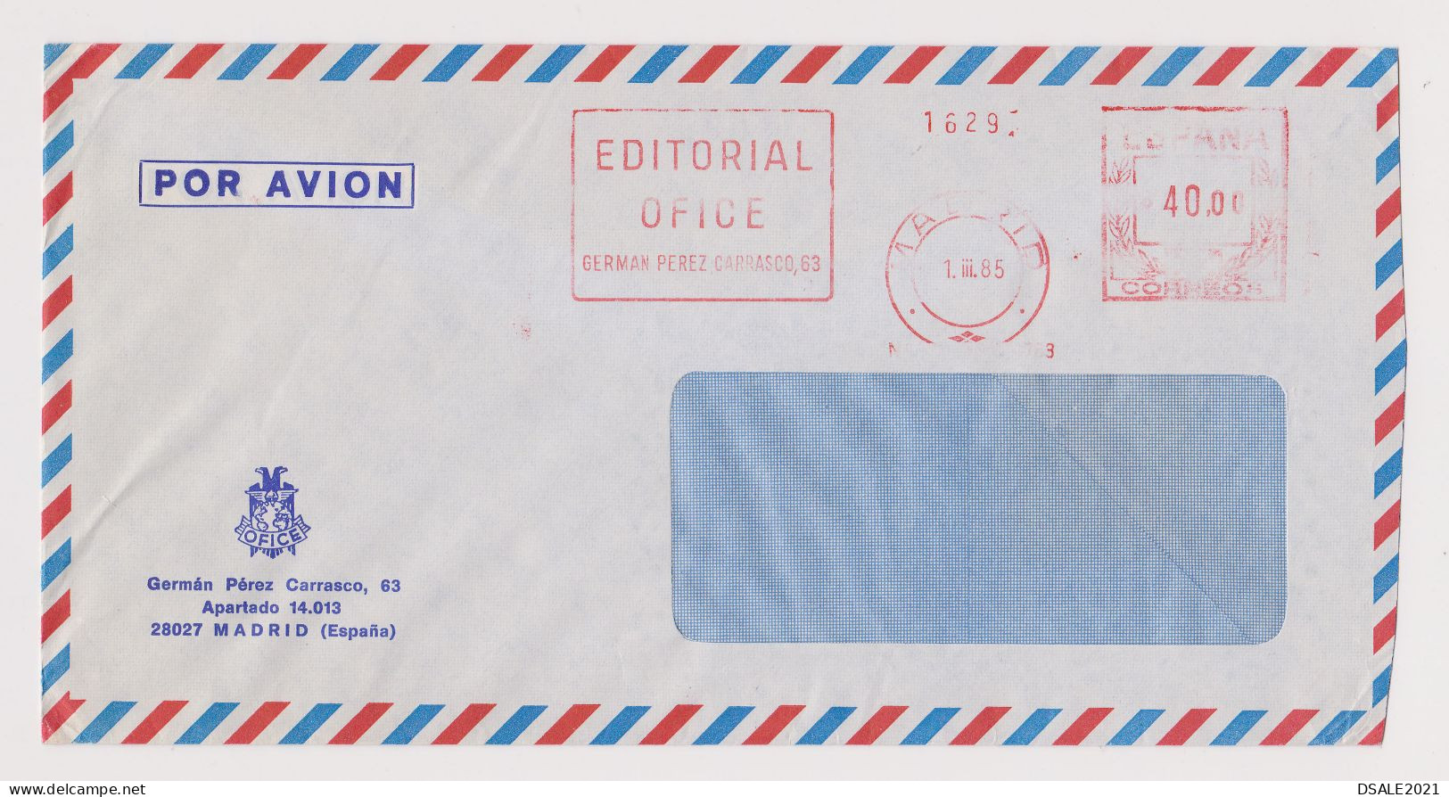 Spain Espana 1980s Airmail Commerce Window Cover With EMA METER Machine Stamp GERMAN PEREZ CARRASCO, Sent Abroad /66869 - Vignette [ATM]