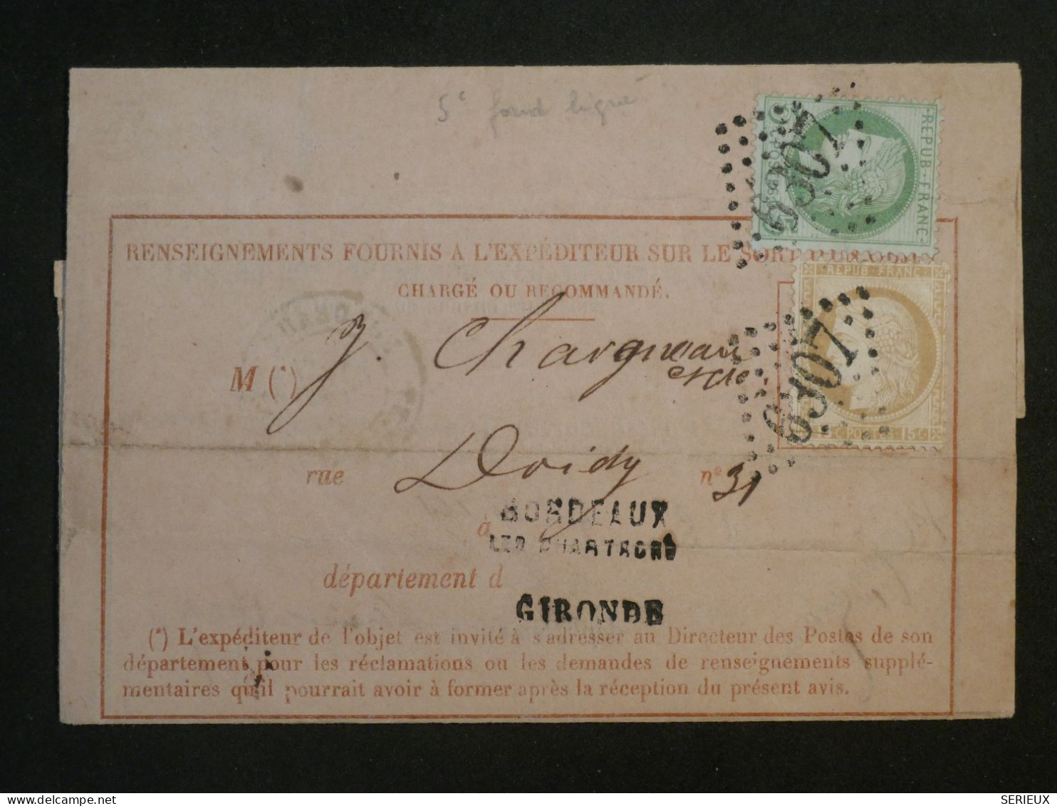 DH9 FRANCE BELLE LETTRE CHARGEE    JANV. 1876  PARIS   A BORDEAUX + CERES N°53 & 55    ++ AFF. PLAISANT++ - 1849-1876: Klassik