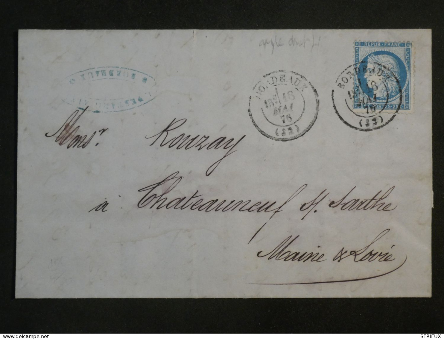 DH9 FRANCE BELLE LETTRE VARIETé  24 ENCOCHE CERES N°60  . 1875   BORDEAUX  A CHATEAUNEUF +  ++ AFF. PLAISANT++ - 1849-1876: Klassik