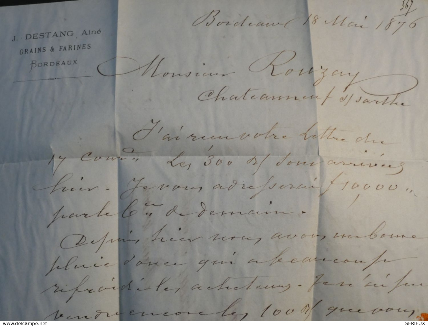 DH9 FRANCE BELLE LETTRE VARIETé  24 ENCOCHE CERES N°60  . 1875   BORDEAUX  A CHATEAUNEUF +  ++ AFF. PLAISANT++ - 1849-1876: Période Classique