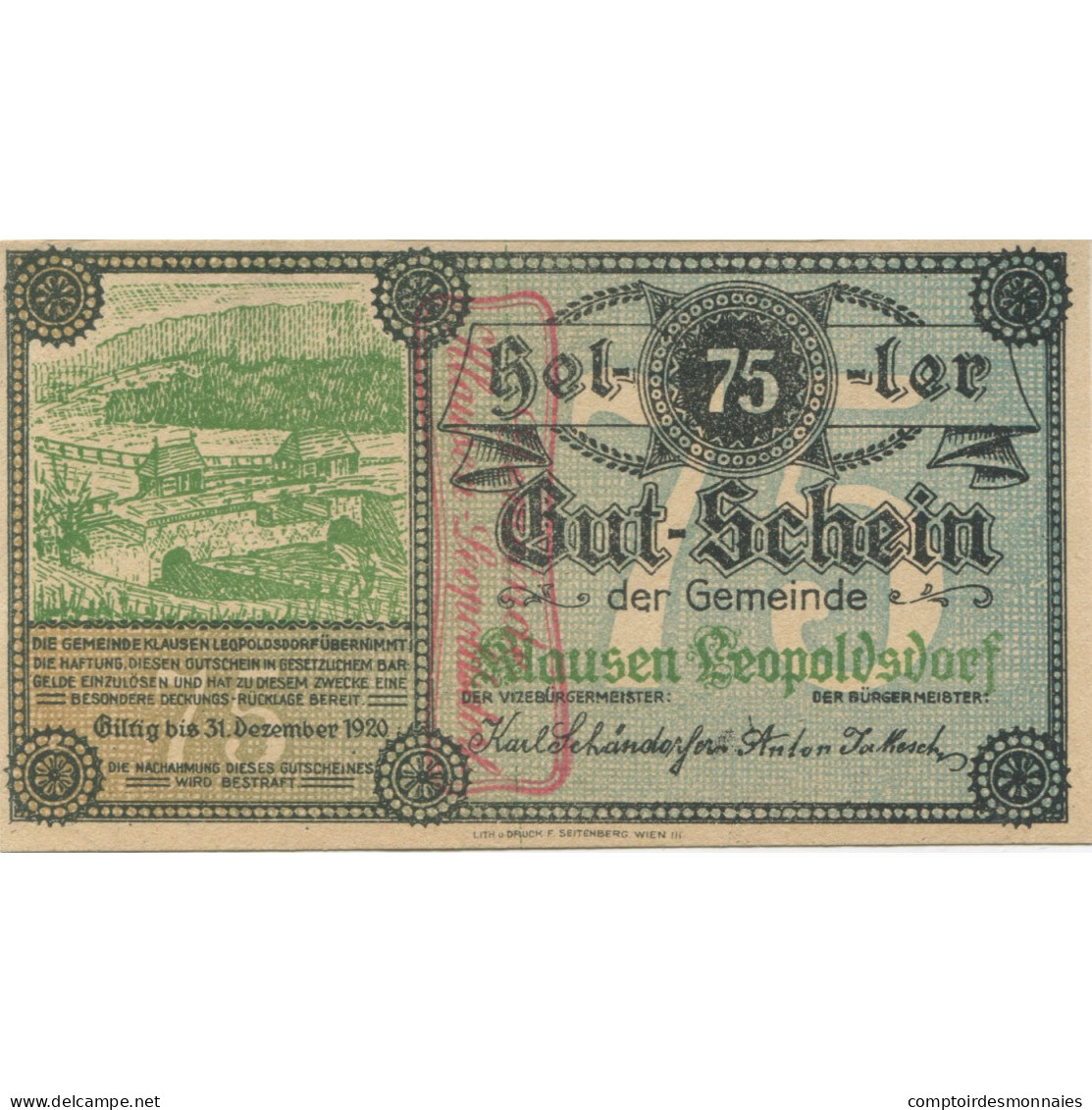 Billet, Autriche, Leopoldsdorf, 75 Heller, Paysage 1920-12-31, SPL Mehl:FS 455c - Oesterreich