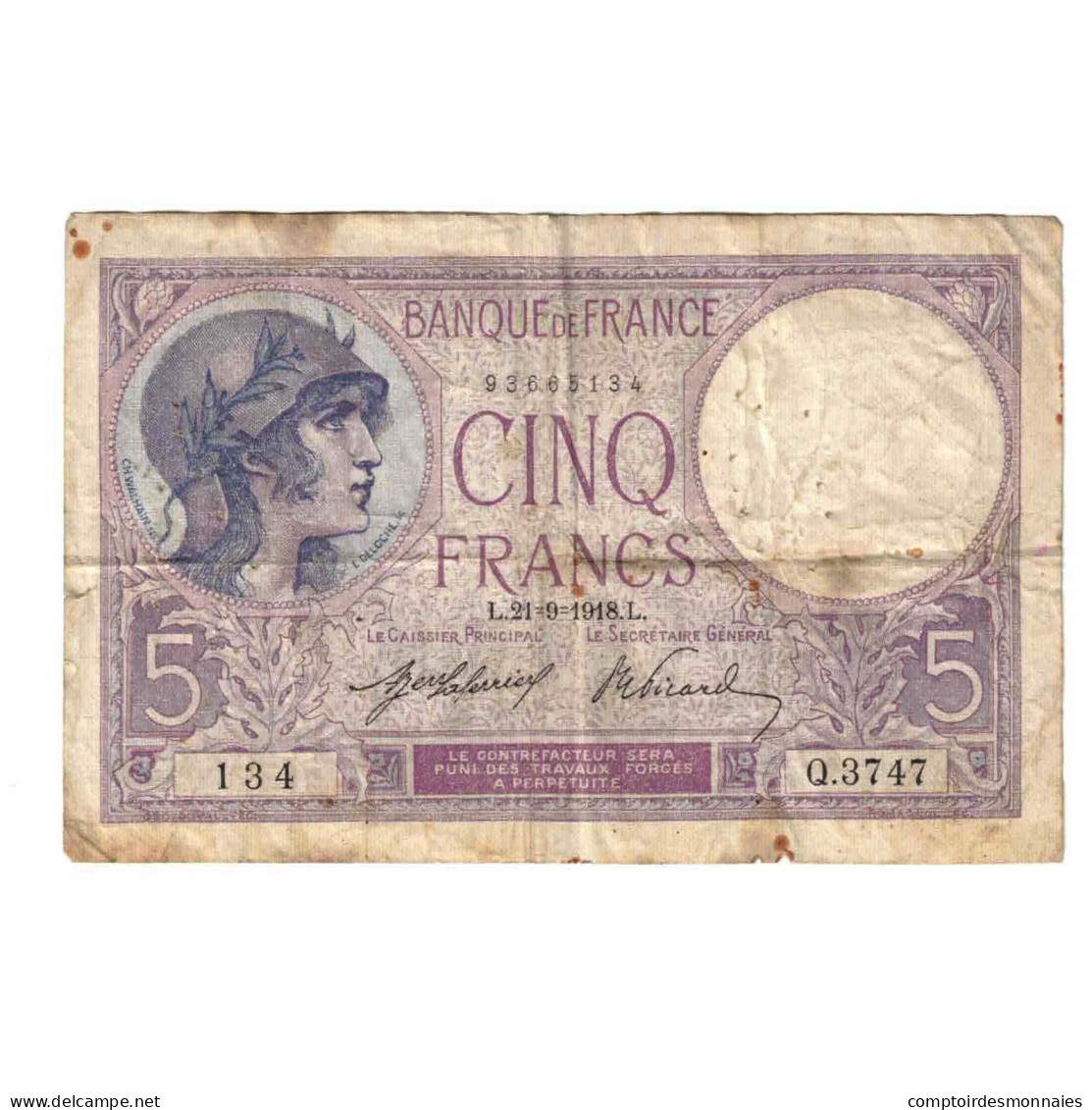 France, 5 Francs, Violet, 1918, Q.3747, TB, Fayette:3.2, KM:72a - 5 F 1917-1940 ''Violet''