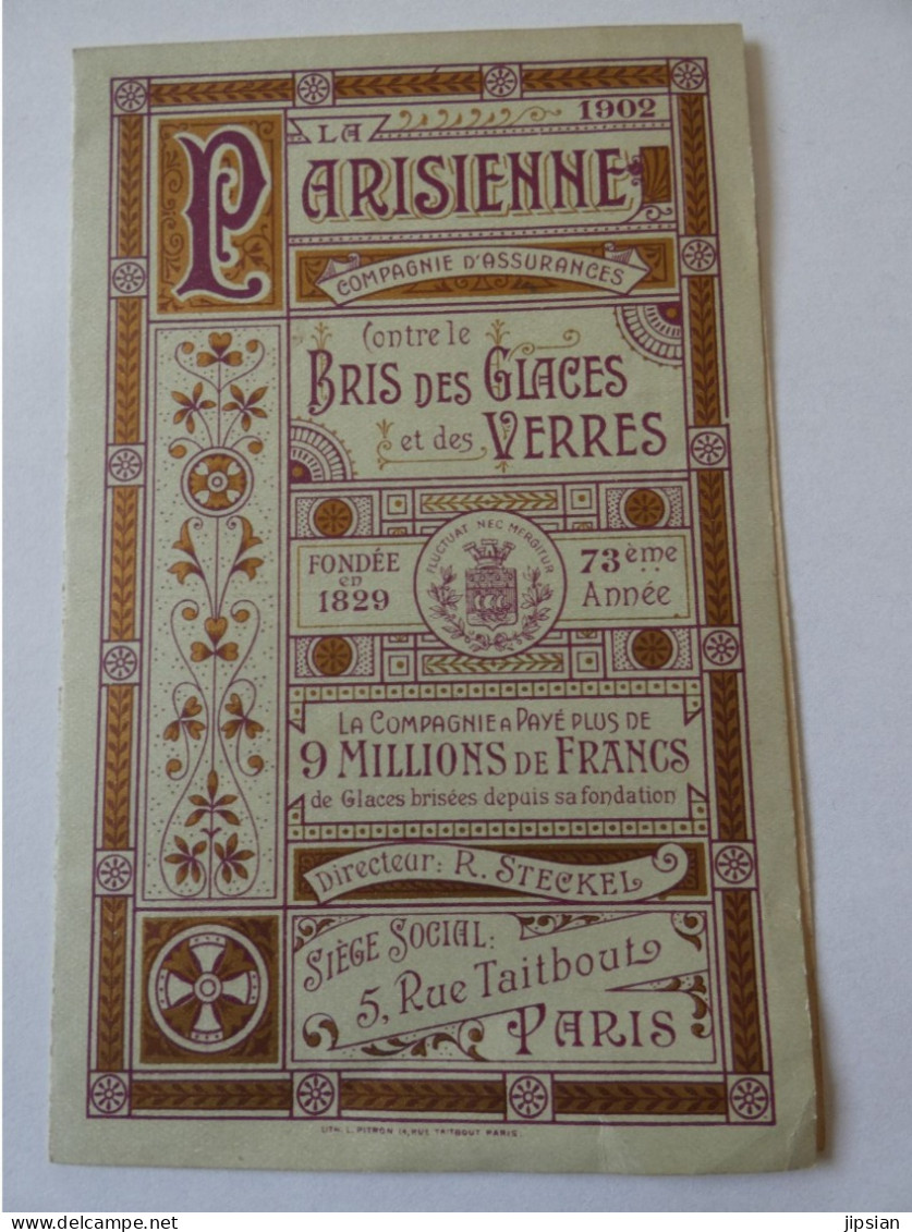 Calendrier 1902 La Parisienne Compagnie Assurances  STEP228 - Groot Formaat: 1901-20