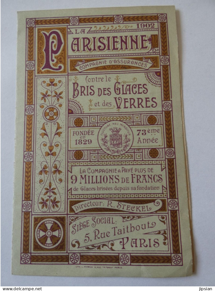 Calendrier 1902 La Parisienne Compagnie Assurances  STEP228 - Big : 1901-20