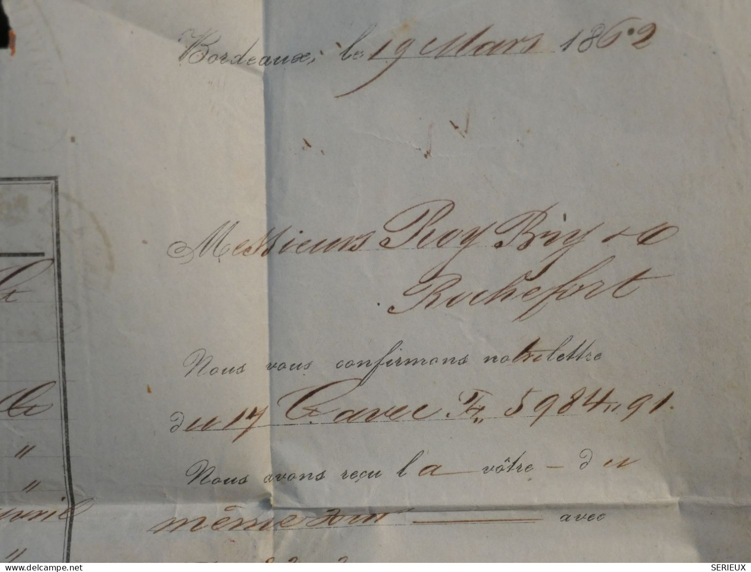 DH9 FRANCE BELLE LETTRE  1862   BORDEAUX  A  ROCHEFORT + N°17  ++ AFF. PLAISANT++ - 1849-1876: Klassieke Periode