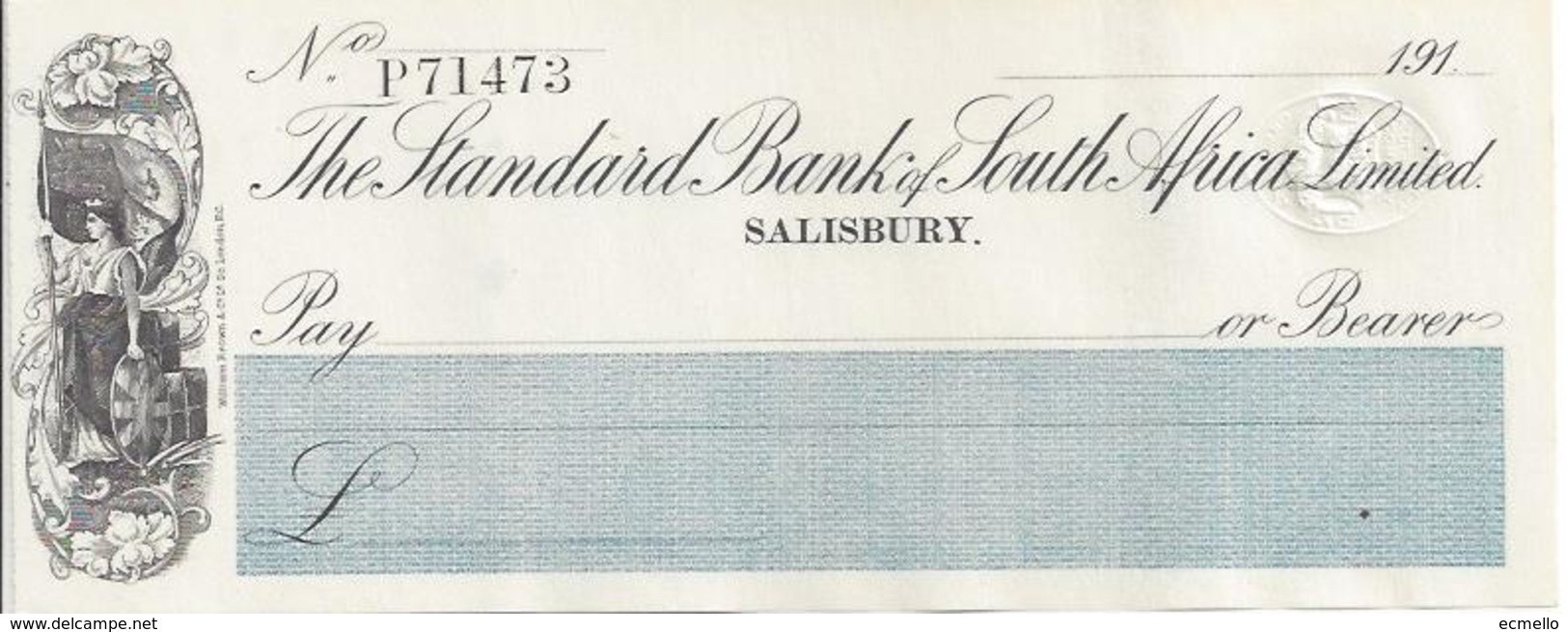 BRITISH SOUTH AFRICA CO.  CHECK CHEQUE STANDARD BANK, SALISBURY, 1910'S  REVENUE - Cheques & Traveler's Cheques