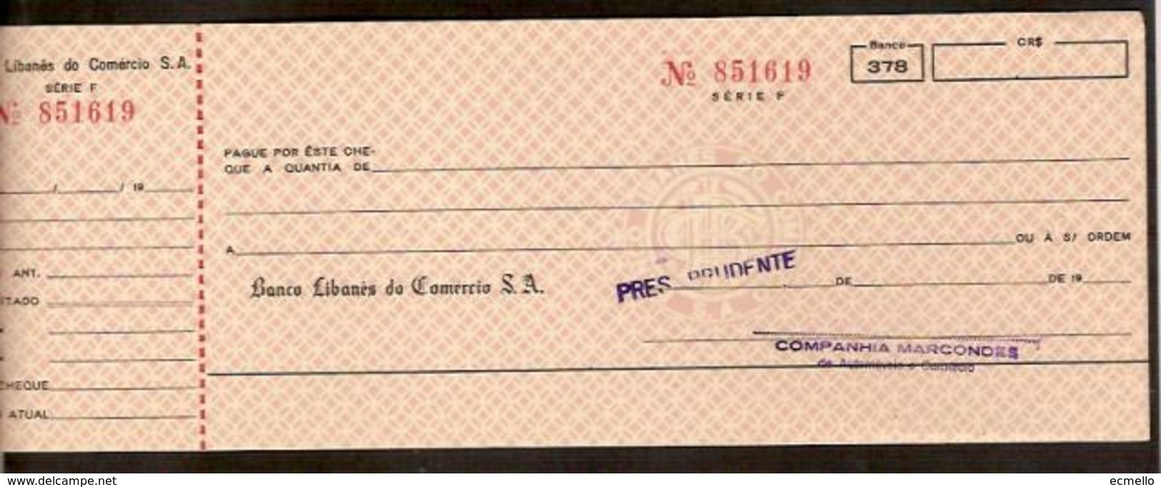 CH299  CHEQUE BANCO LIBANÊS DO COMÉRCIO AG. PRES. PRUDENTE 1960'S NCR$ LEBANESE BANK - Cheques & Traveler's Cheques