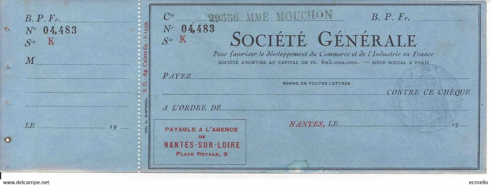 FRANCE  CHECK CHEQUE SOCIETÉ GENERALE, AG NANTES, 1930'S - Cheques & Traveler's Cheques