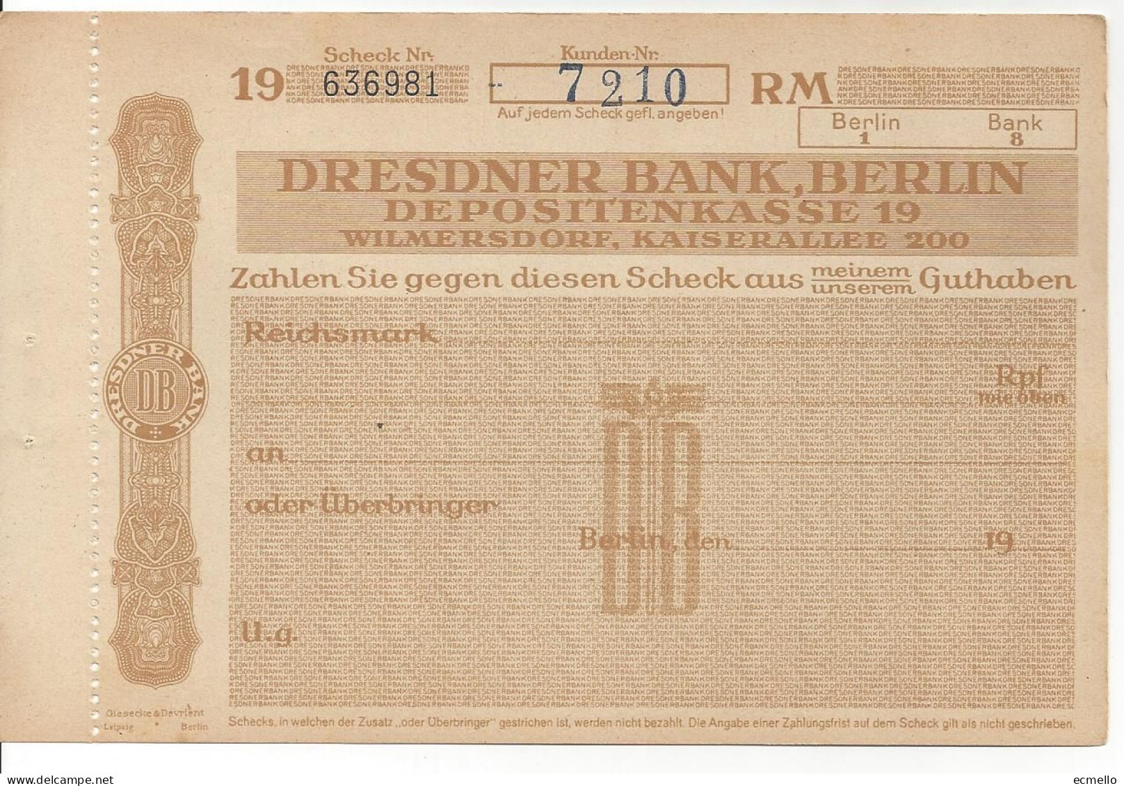GERMANY CHEQUE CHECK DRESDNER BANK, BERLIN, 1930'S SCARCE - Cheques & Traveler's Cheques