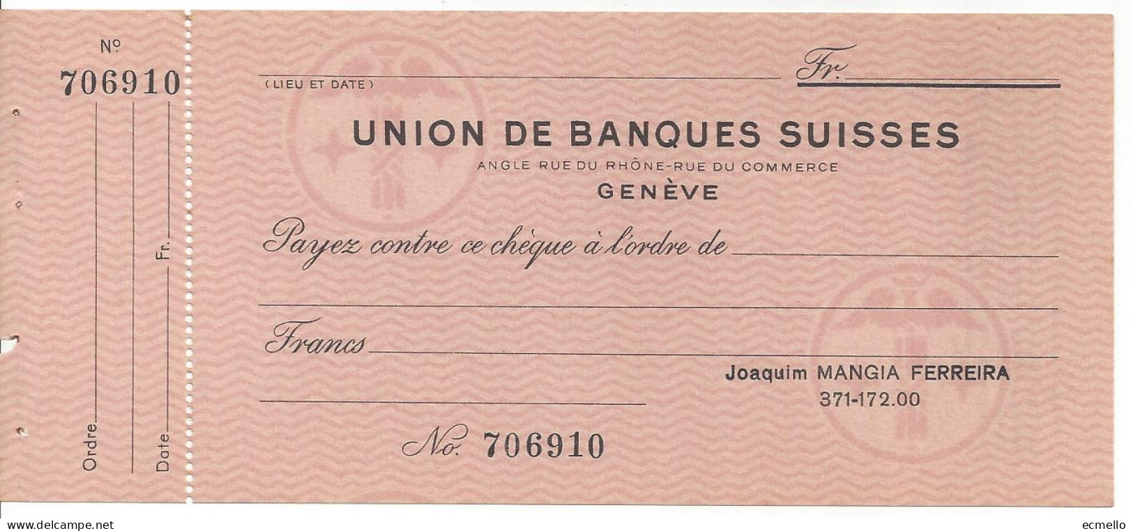 SWITZERLAND CHEQUE CHECK UNION DE BANQUES SUISSES, GENEVE, 1960'S 701 - Chèques & Chèques De Voyage