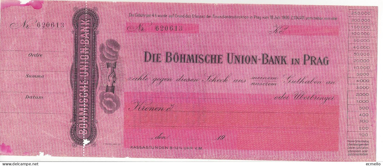 GERMANY CZECH CHEQUE CHECK BOHMISCHE UNION BANK, PRAHA, 1910'S, LARGE SCARCE - Cheques & Traveler's Cheques