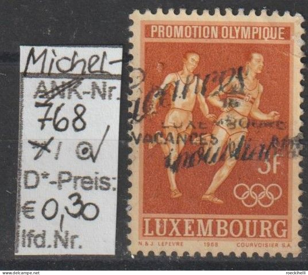 1968 - LUXEMBURG - FM/DM "Olymp. Sommerspiele, Mexico" 3 Fr Gelborange  - O  Gestempelt - S.Scan (Lux 768o) - Usati