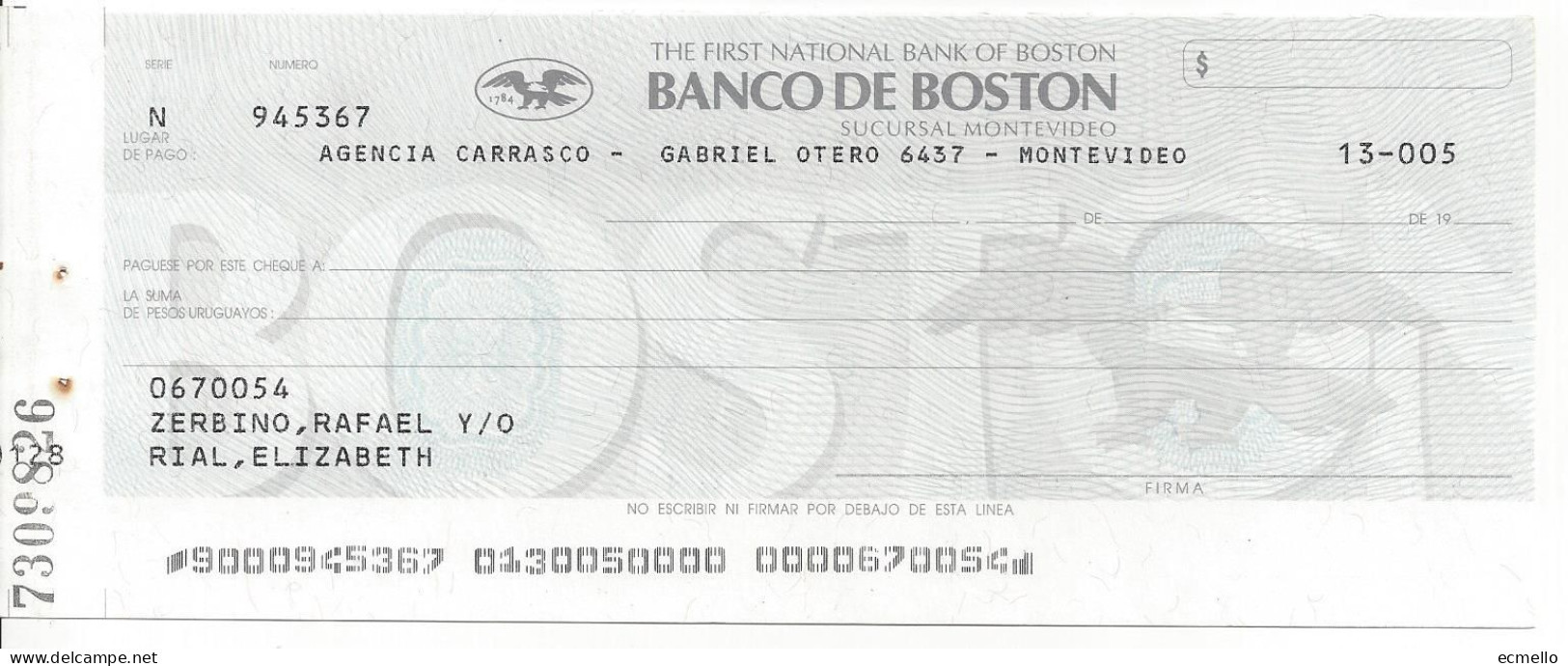 URUGUAY CHEQUE CHECK BANCO DE BOSTON, 1980'S - Assegni & Assegni Di Viaggio