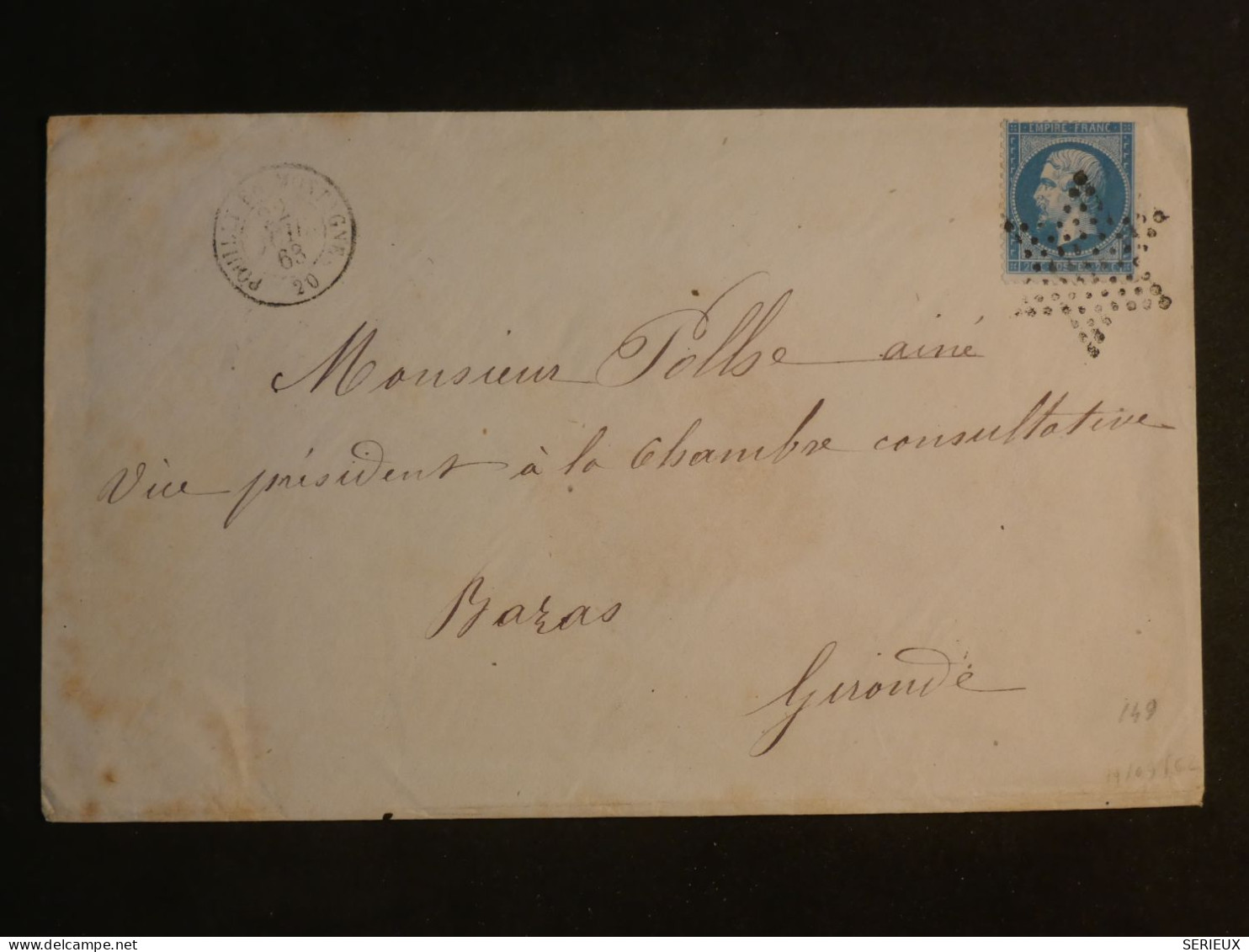 DH9 FRANCE BELLE LETTRE RARE  1863 ETOILE DE PARIS A BAZAS VIA POUILLY   + N°22++ AFF. PLAISANT++ - 1849-1876: Klassieke Periode