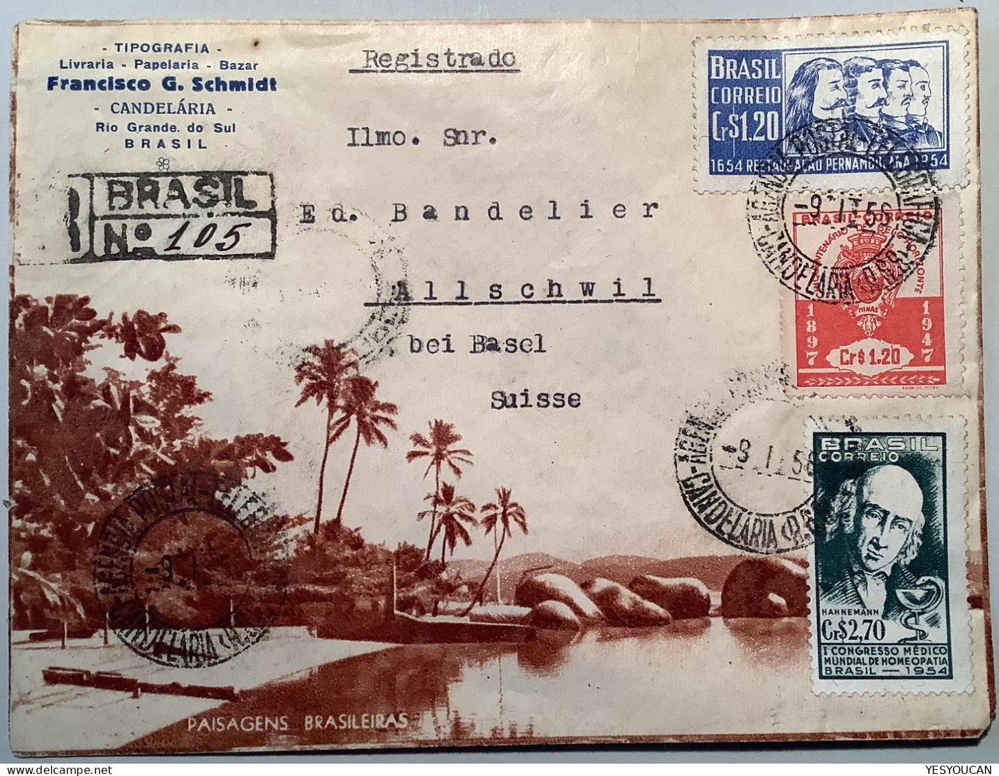 Brazil 1954 2,70 Hahnemann (homeopathie Homeopathy) On Rare Illustrated Cover CANDELARIA>Allschwil (Brasil Medecine - Covers & Documents