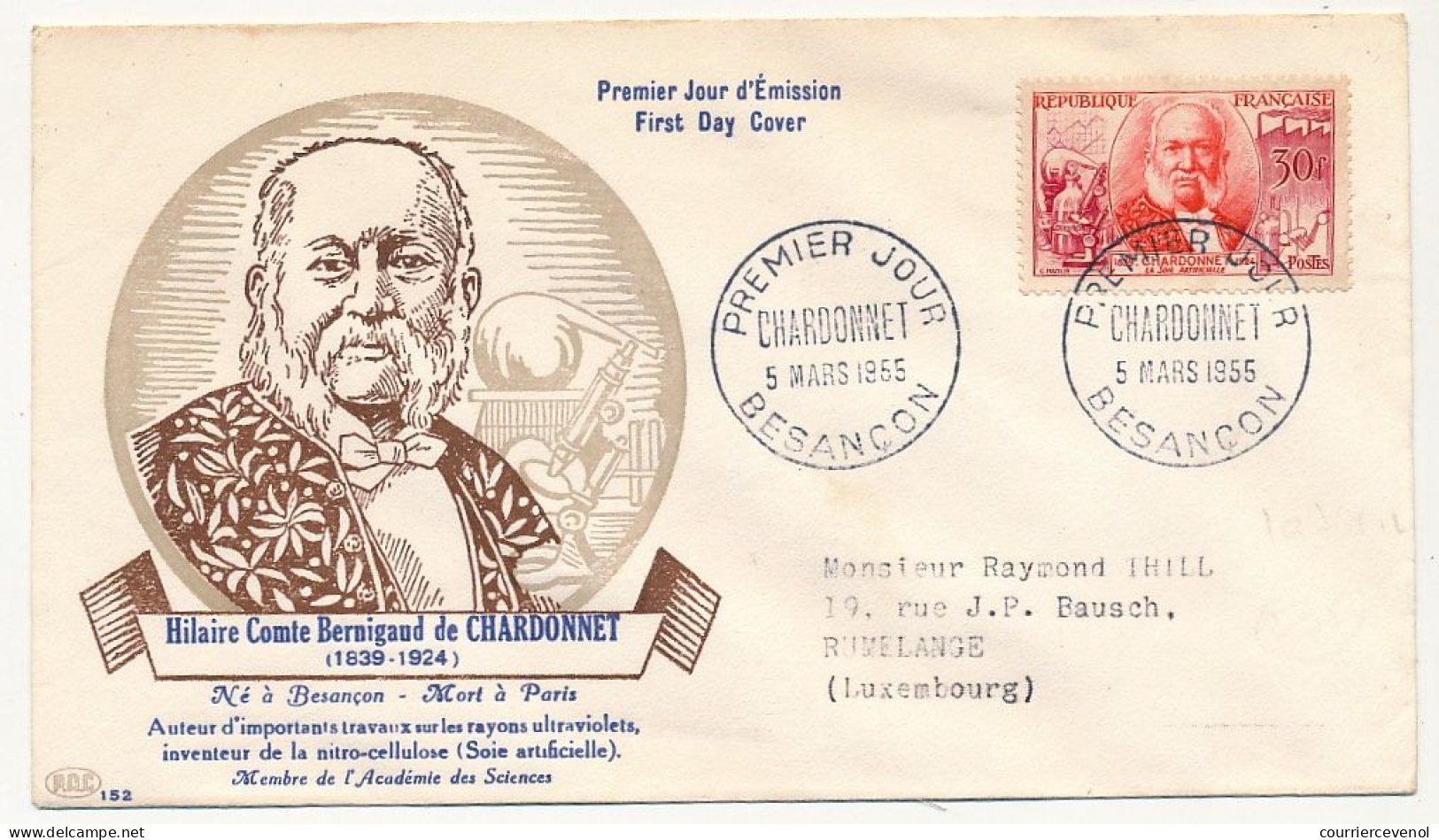 FRANCE => FDC 30F CHARDONNET - Premier Jour BESANCON 5 Mars 1955 - 1950-1959