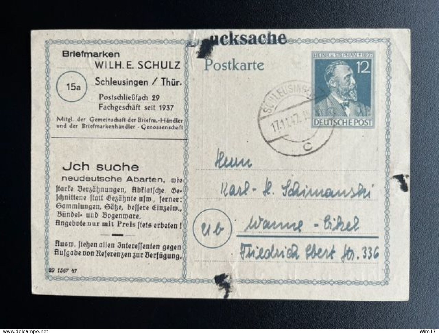 GERMANY 1947 POSTCARD SCHLEUSINGEN TO WANNE EICKEL 17-11-1947 DUITSLAND DEUTSCHLAND - Entiers Postaux