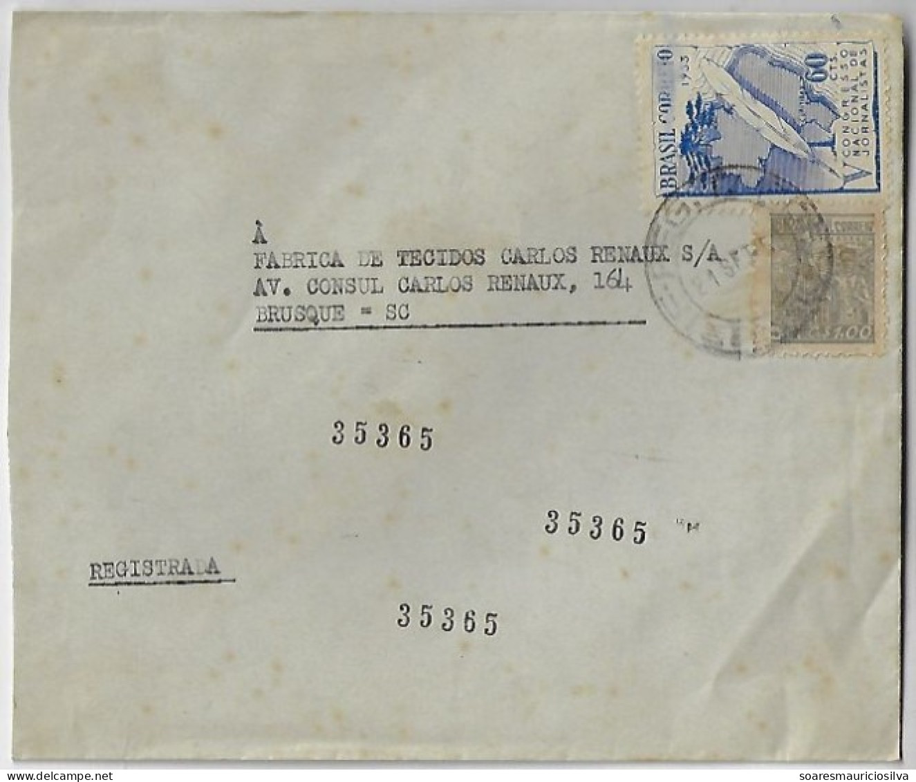 Brazil 1953 Registered Cover Sent To Brusque Stamp 5th National Congress Of Journalists + Definitive Steel Industry - Cartas & Documentos