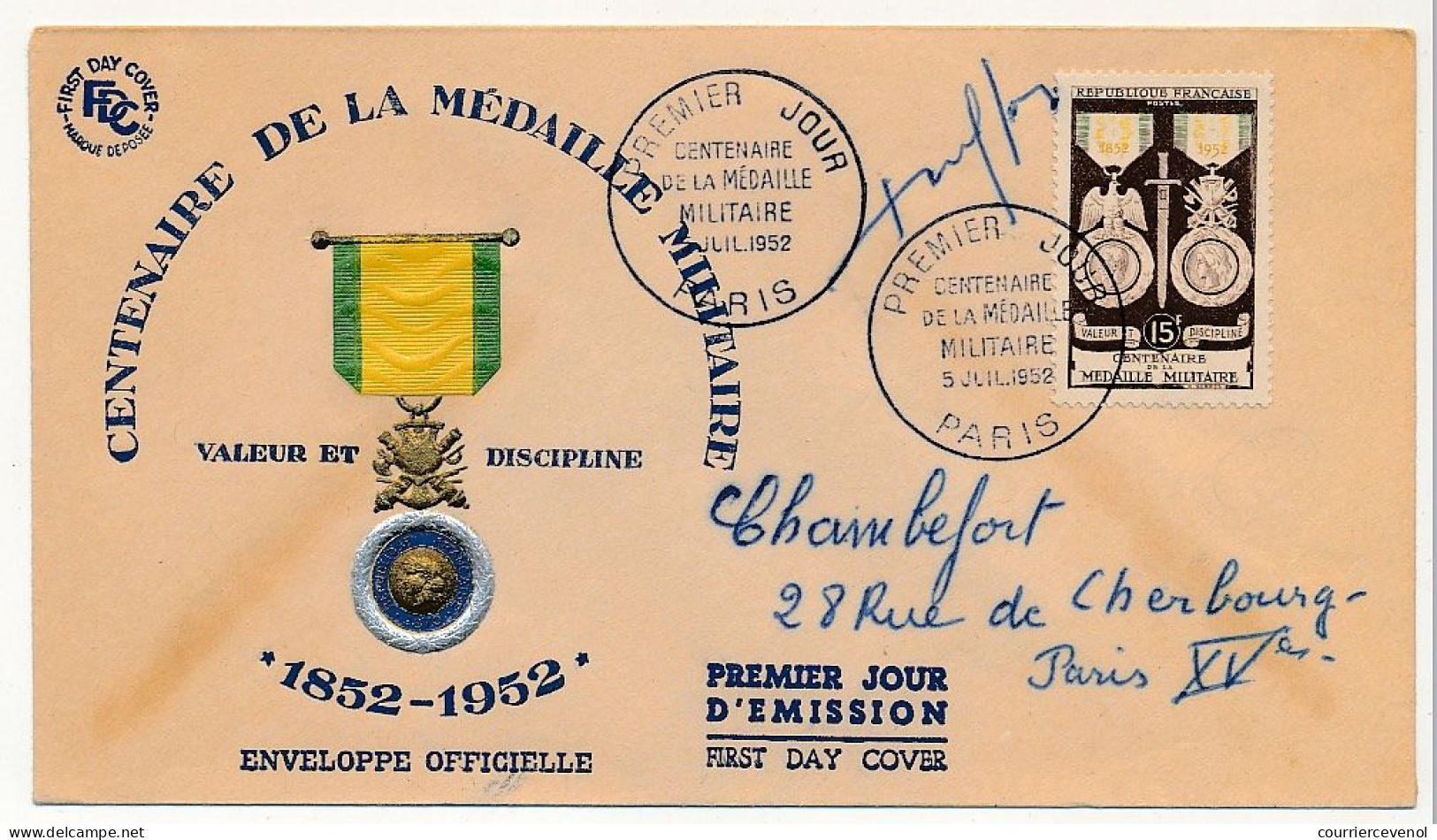 FRANCE => FDC 15F Centenaire De La Médaille Militaire - Paris - 5 Juillet 1952 - 1950-1959