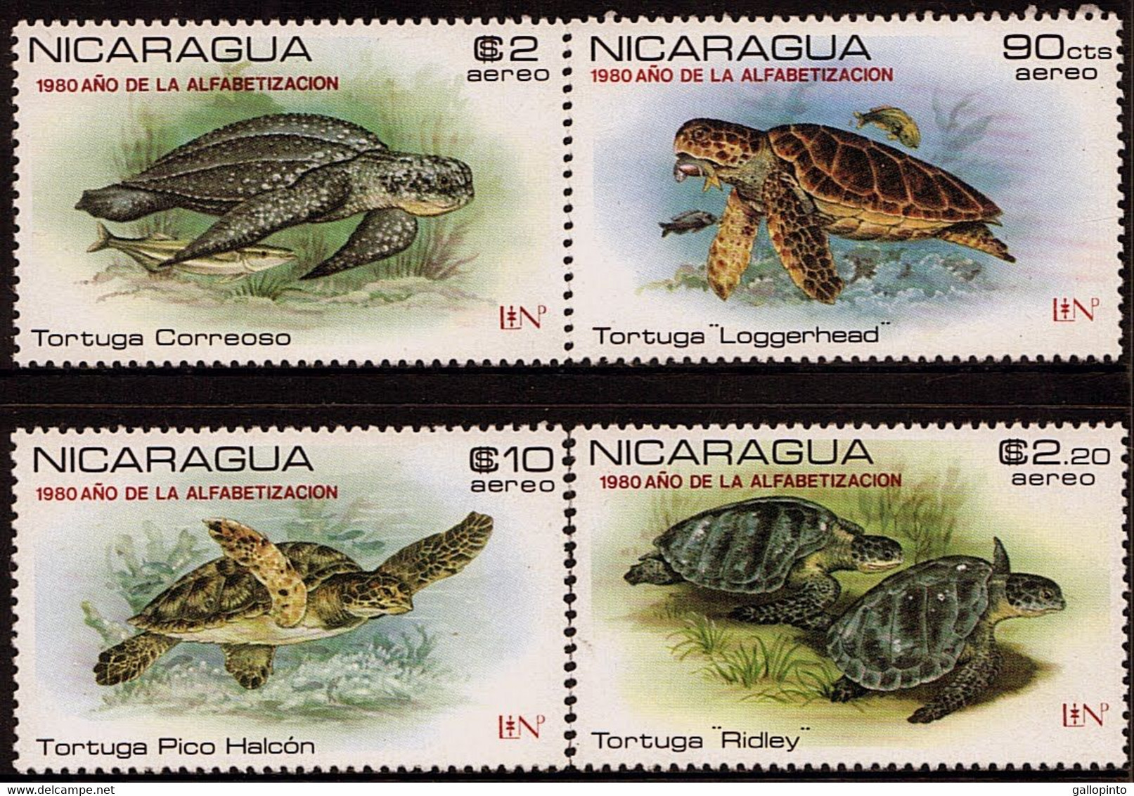 NICARAGUA TURTLES OVERPRINT "1980 AÑ0 DE LA ALFABETIZACION" Sc C975-C975C MNH 1981 - Nicaragua