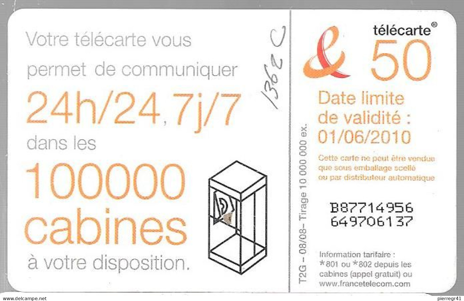 CARTE°-PUBLIC-50U-F1362C-GEM1-08/08-DANSE 6-V°100000 CABINES-Ex 01/06/2010-UTILISE-TBE - 2008