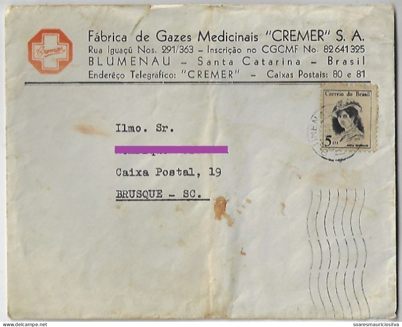 Brazil 1968 Cremer Medicinal Gas Factory Cover From Blumenau To Brusque Definitive Stamp Anita Garibaldi Giuseppe's Wife - Covers & Documents